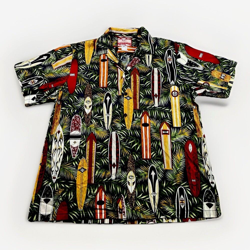 RJC Hawaiian Surfboard Shirt Men XL Cotton Button Up Made In Hawaii USA